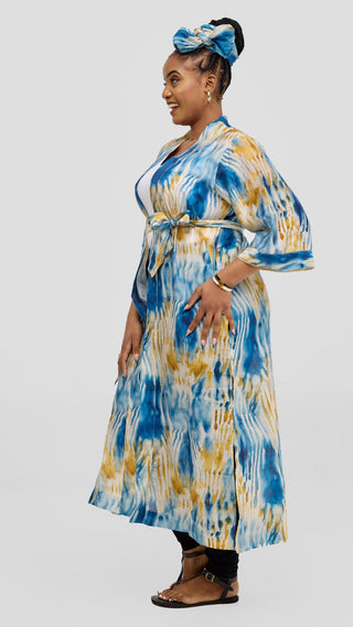 Safari 3/4 Sleeve Maxi Kimono With Headwrap - Mustard / Cream Print