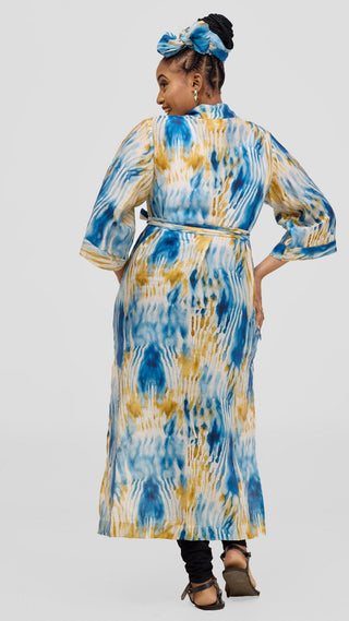 Safari 3/4 Sleeve Maxi Kimono With Headwrap - Mustard / Cream Print