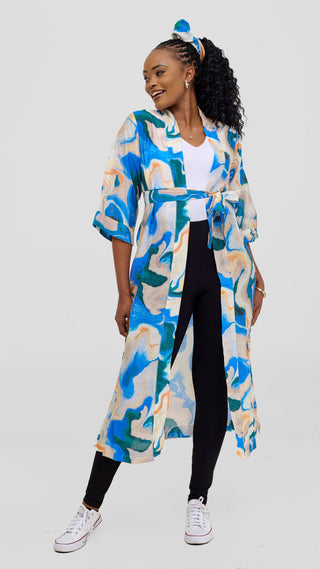 Safari 3/4 Sleeve Maxi Kimono With Headwrap - Off White / Navy Print