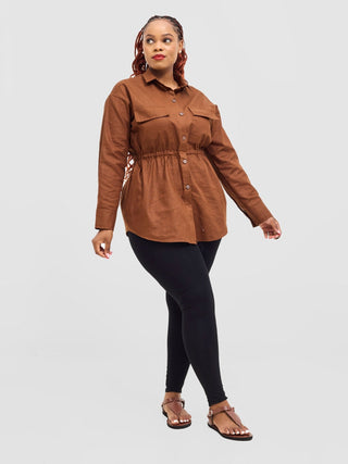 Safari Savannah Drawstring Shacket - Brown - Shopzetu