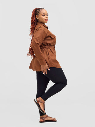 Safari Savannah Drawstring Shacket - Brown - Shopzetu
