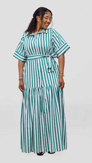 Safari Nazari Maxi Shirt Dress - Green / Cream Stripes