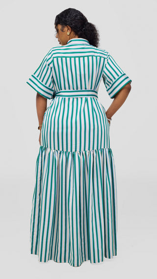 Safari Nazari Maxi Shirt Dress - Green / Cream Stripes