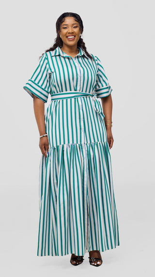 Safari Nazari Maxi Shirt Dress - Green / Cream Stripes