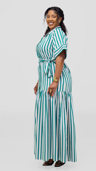 Safari Nazari Maxi Shirt Dress - Green / Cream Stripes