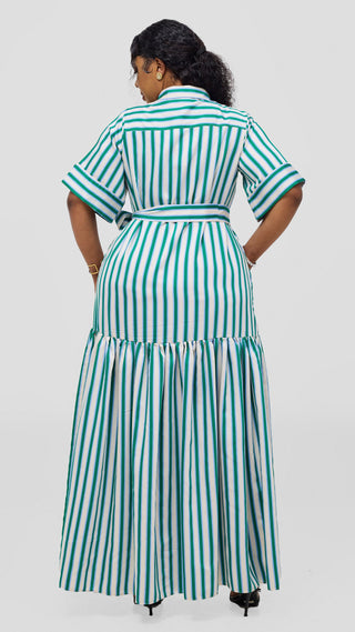 Safari Nazari Maxi Shirt Dress - Green / Cream Stripes