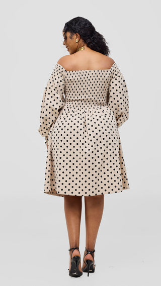 Safari Nazari Off Shoulder Dress - Beige / Black Polka Print