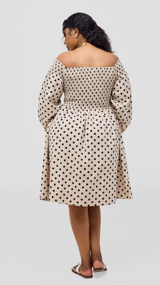 Safari Nazari Off Shoulder Dress - Beige / Black Polka Print