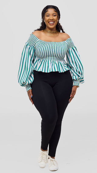 Safari Nazari Off Shoulder Top - Green / Cream Stripes