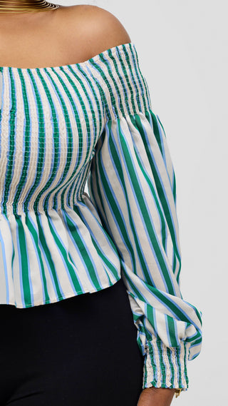 Safari Nazari Off Shoulder Top - Green / Cream Stripes