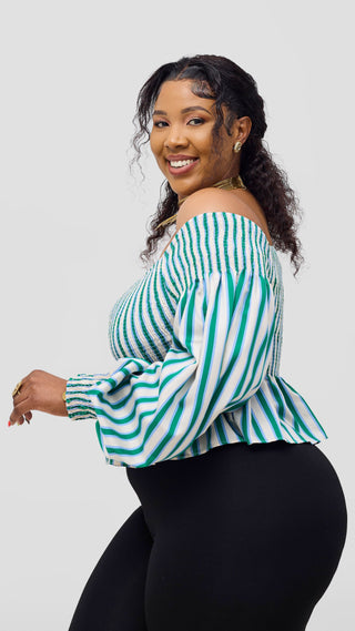 Safari Nazari Off Shoulder Top - Green / Cream Stripes
