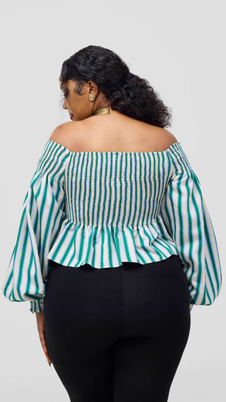 Safari Nazari Off Shoulder Top - Green / Cream Stripes