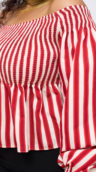 Safari Nazari Off Shoulder Top - Red / Cream Stripes