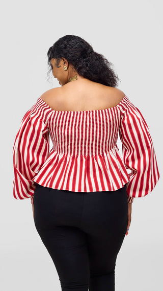 Safari Nazari Off Shoulder Top - Red / Cream Stripes