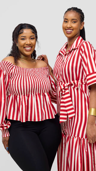 Safari Nazari Off Shoulder Top - Red / Cream Stripes
