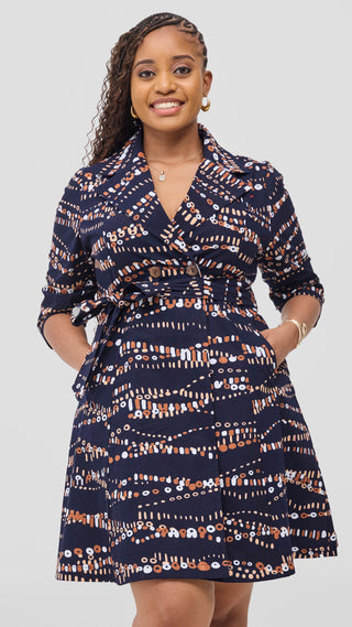 Safari Nazari Coat Dress - Navy / Brown Chiku Print