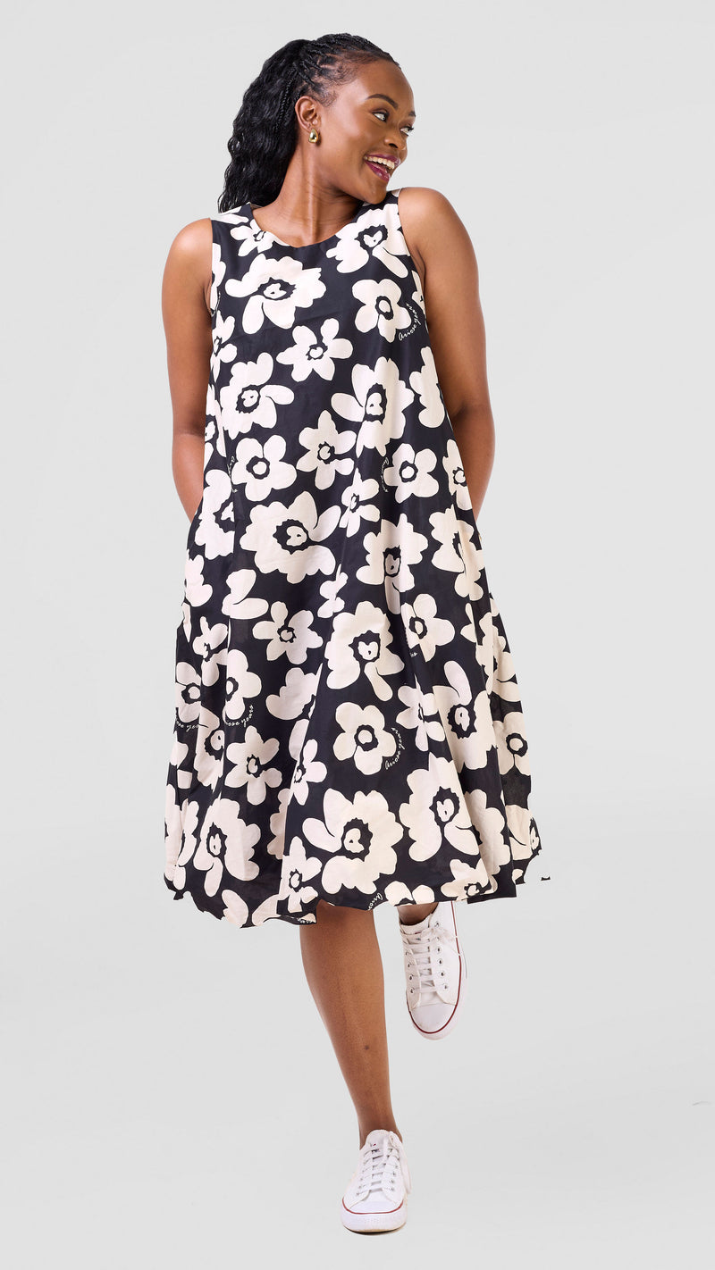 Safari Nazari Bubble Midi Dress - Black / Beige Print
