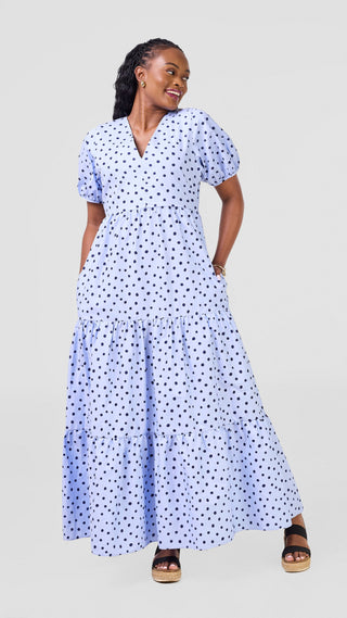 Safari Nazari Three Tiered Maxi Dress - Blue / Navy Polka Dot Print