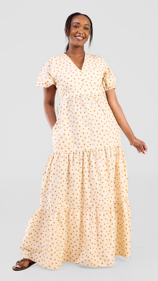 Safari Nazari Three Tiered Maxi Dress - Beige / Mustard Polka Dot Prin Safari By Vivo Safari Nazari Three Tiered Maxi Dress - Beige / Mustard Polka Dot Prin Safari By Vivo