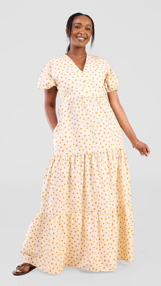 Safari Nazari Three Tiered Maxi Dress - Beige / Mustard Polka Dot Print