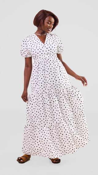 Safari Nazari Three Tiered Maxi Dress - White / Black Polka Dot Print
