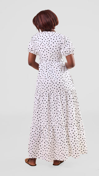 Safari Nazari Three Tiered Maxi Dress - White / Black Polka Dot Print