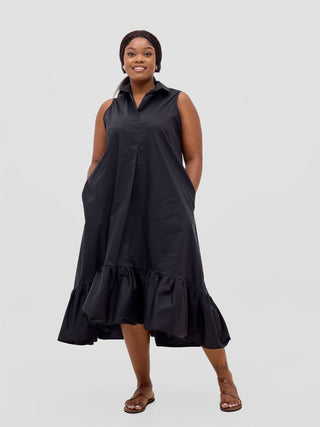 Safari Huru Halter Sleeveless High Low Dress - Black - Shopzetu