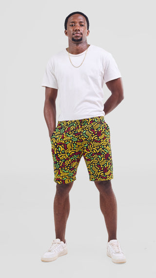 Safari Mens Kitenge Drawstring Shorts - Black / Yellow Print