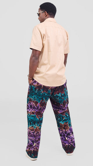 Safari Njano Men's Short Sleeve Shirt - Taupe / Black Dark Teal Print