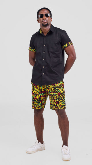 Safari Njano Mens Short Sleeve Shirt - Black / Black Yellow Print