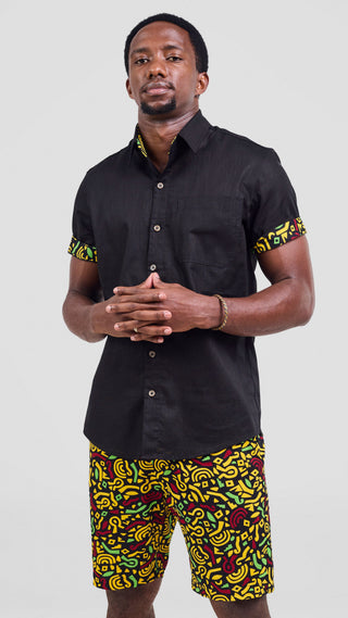 Safari Njano Mens Short Sleeve Shirt - Black / Black Yellow Print