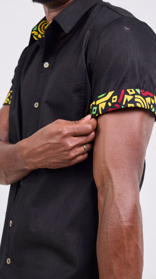 Safari Njano Mens Short Sleeve Shirt - Black / Black Yellow Print