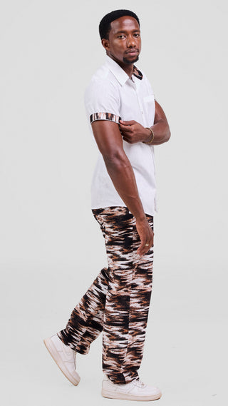 Safari Njano Men's Short Sleeve Shirt - White / Black Brown Print