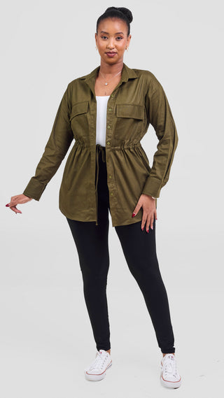 Safari Savannah Drawstring Shacket - Dark Olive