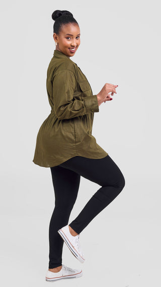 Safari Savannah Drawstring Shacket - Dark Olive