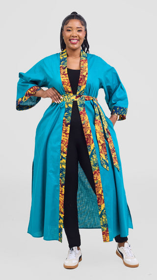 Safari Tafari High Slit Kimono - Teal / Keta Print