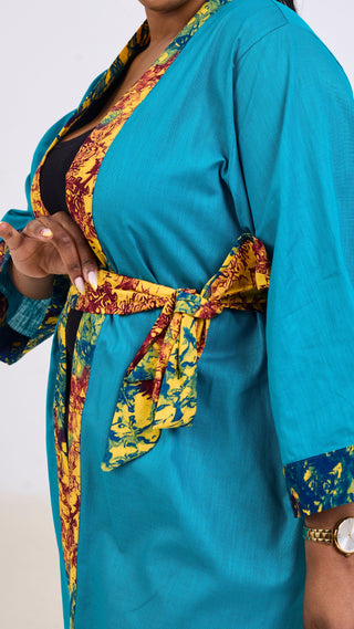 Safari Tafari High Slit Kimono - Teal / Keta Print