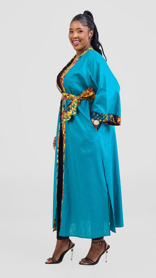 Safari Tafari High Slit Kimono - Teal / Keta Print