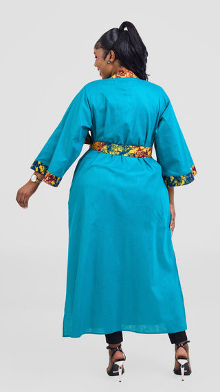 Safari Tafari High Slit Kimono - Teal / Keta Print