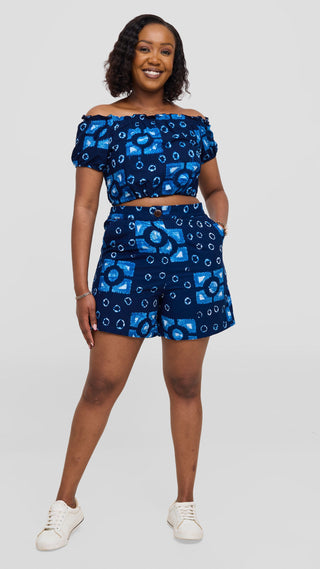 Safari Tafari Off Shoulder Crop Top - Dark Navy Asili Print