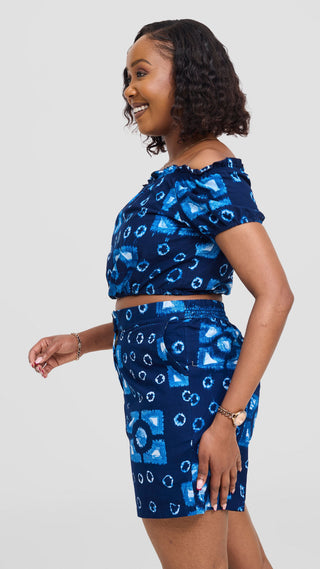 Safari Tafari Off Shoulder Crop Top - Dark Navy Asili Print