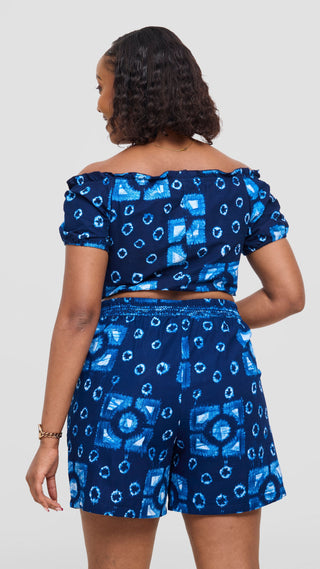Safari Tafari Off Shoulder Crop Top - Dark Navy Asili Print