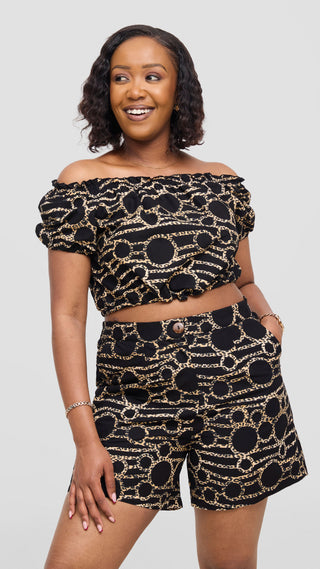 Safari Tafari Off Shoulder Crop Top - Black Brown Shade C