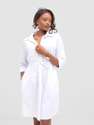 Safari Lira Drawstring Knee Length Dress - White + Elmi Print - Shopzetu