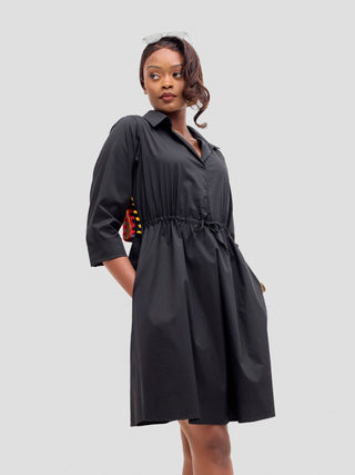 Safari Lira Drawstring Knee Length Dress - Black + Bana Print - Shopzetu