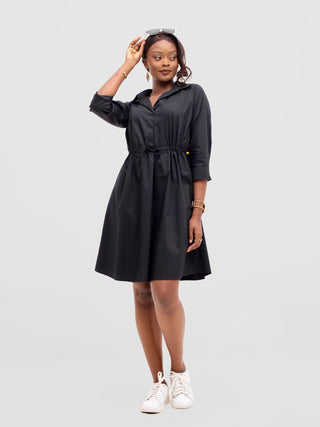 Safari Lira Drawstring Knee Length Dress - Black + Bana Print - Shopzetu
