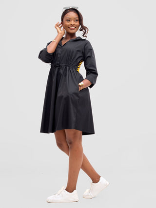 Safari Lira Drawstring Knee Length Dress - Black + Bana Print - Shopzetu