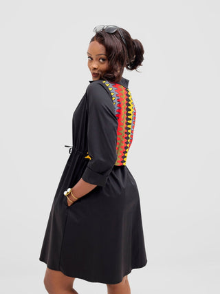 Safari Lira Drawstring Knee Length Dress - Black + Bana Print - Shopzetu