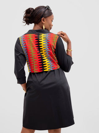 Safari Lira Drawstring Knee Length Dress - Black + Bana Print - Shopzetu