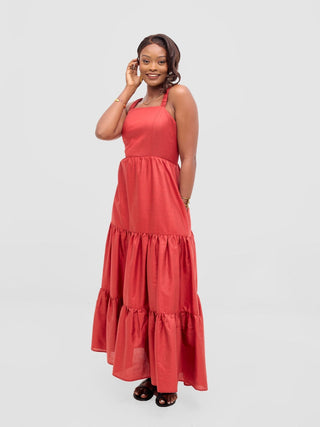 Safari Kikoy Tie Back Maxi Dress - Dark Red - Shopzetu